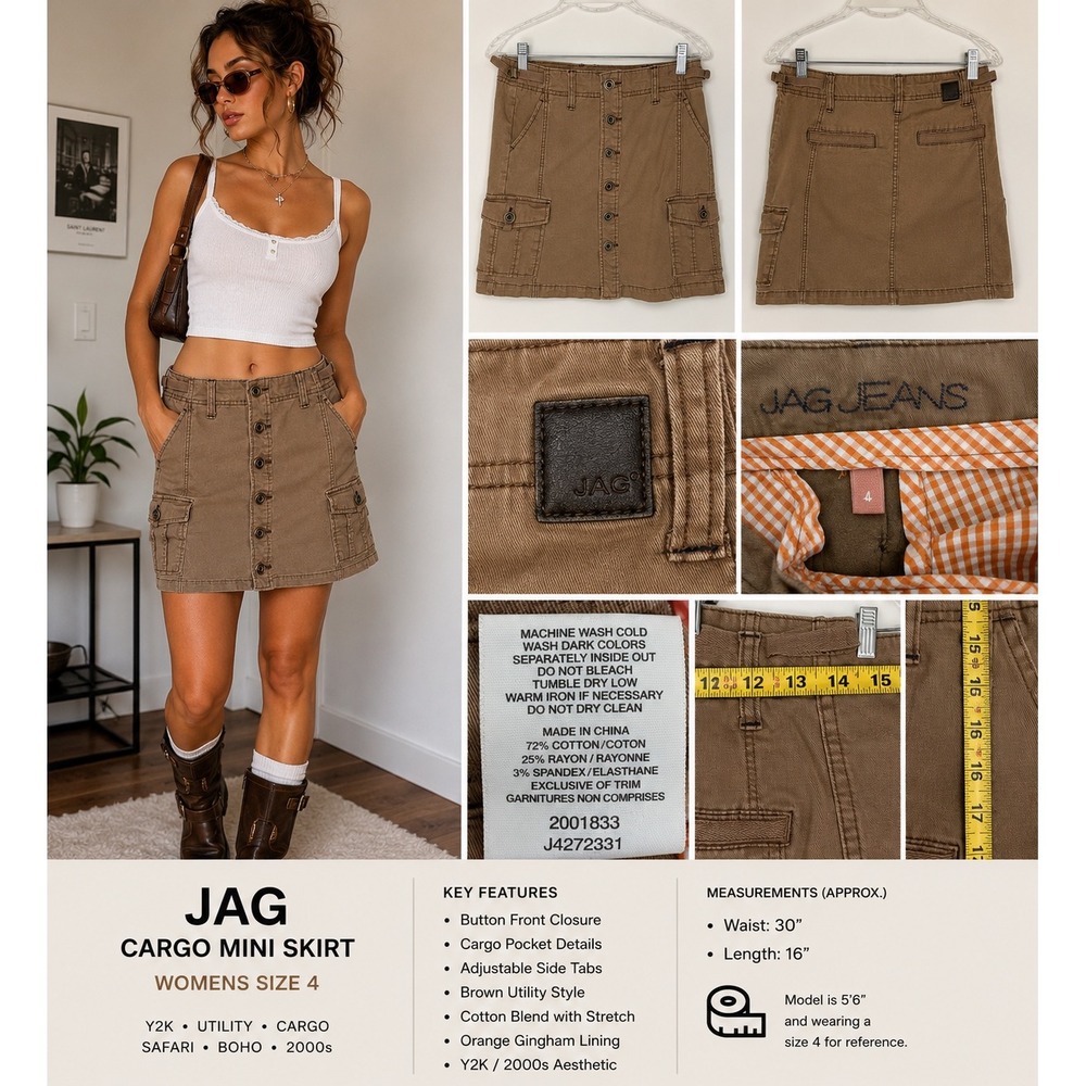 Jag Jeans Brown Cargo Mini Skirt Button‎ Front Utility Cotton Stretch Size 4